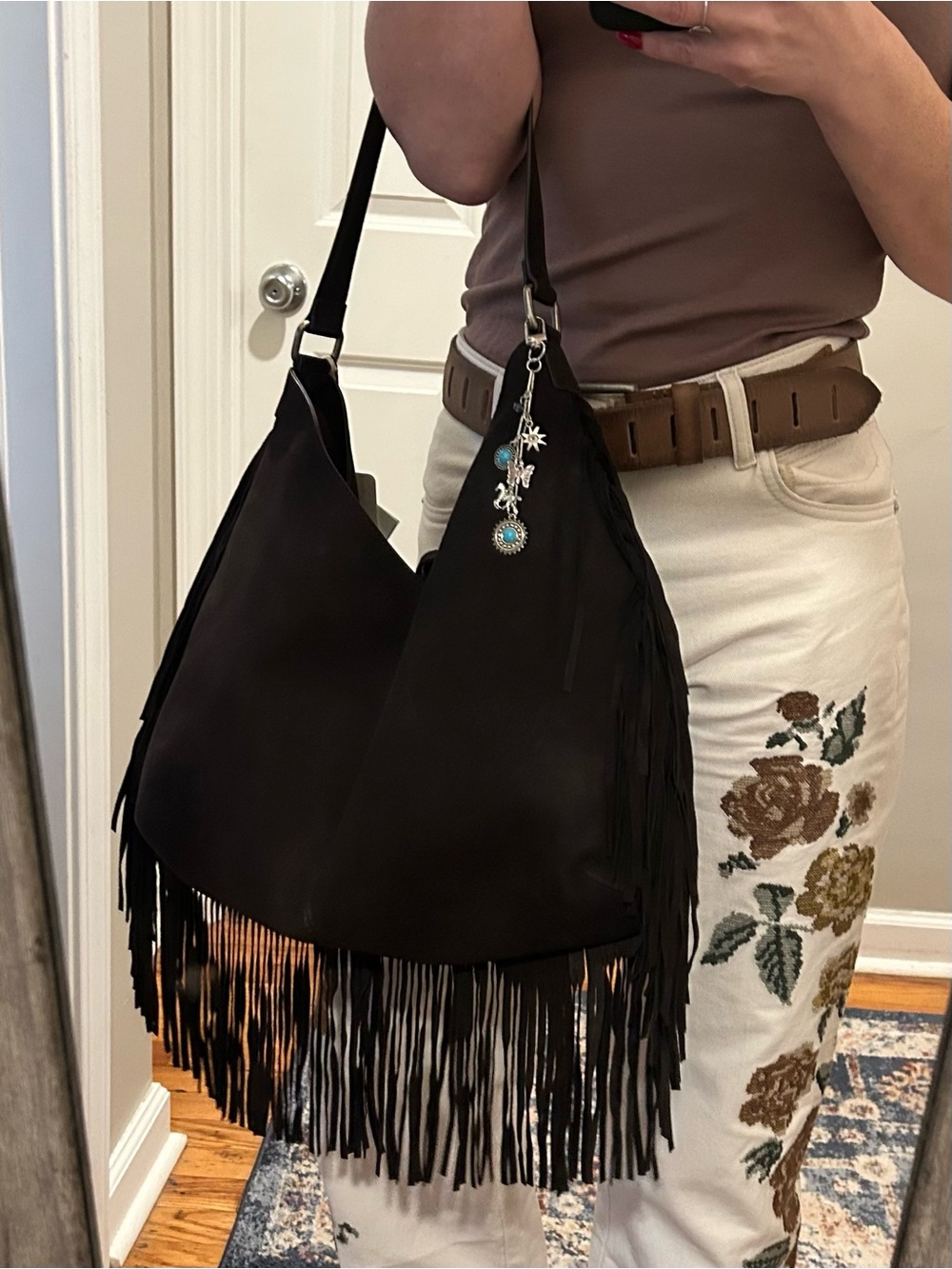 NWT Free People Finn Suede Fringe Shoulder Bag w/ Included Bag Charm - Picture 10 of 16